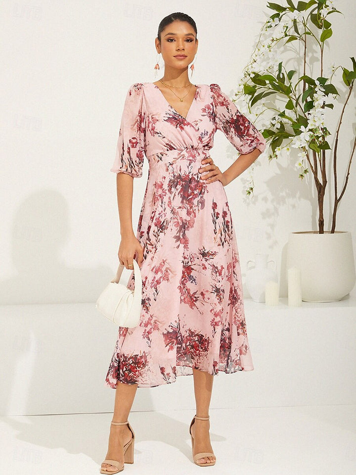 Puff Sleeve Floral Pink Chiffon Dress