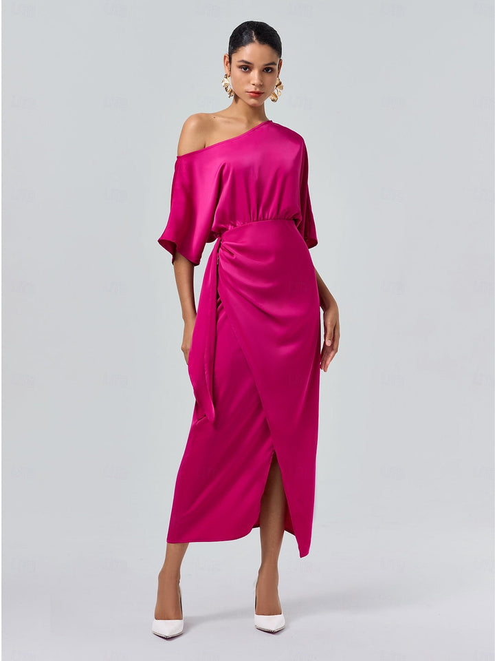 Satin Knotted Wrap Drop Shoulder Maxi Dress