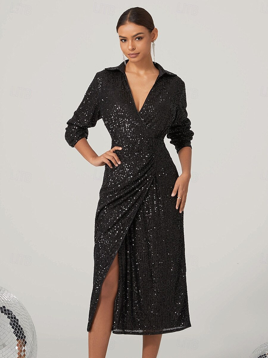 Black Sequined Ruched Midi Dress