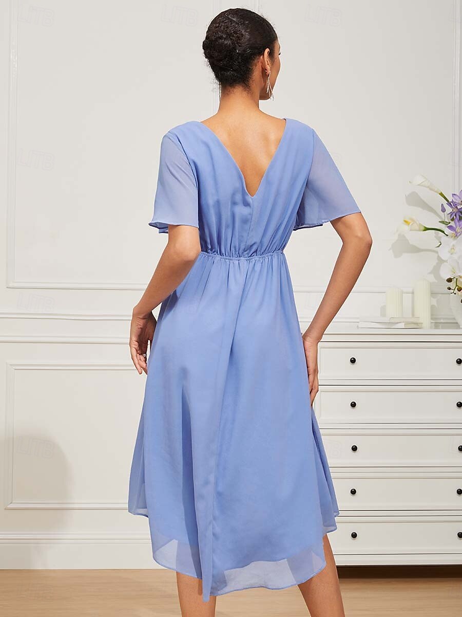 Chiffon Midi Dress V Neck Ruched