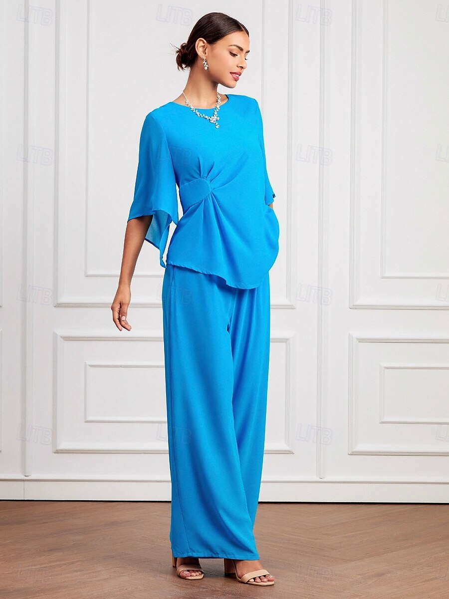 Blue Ruched Crew Neck Two-piece Set