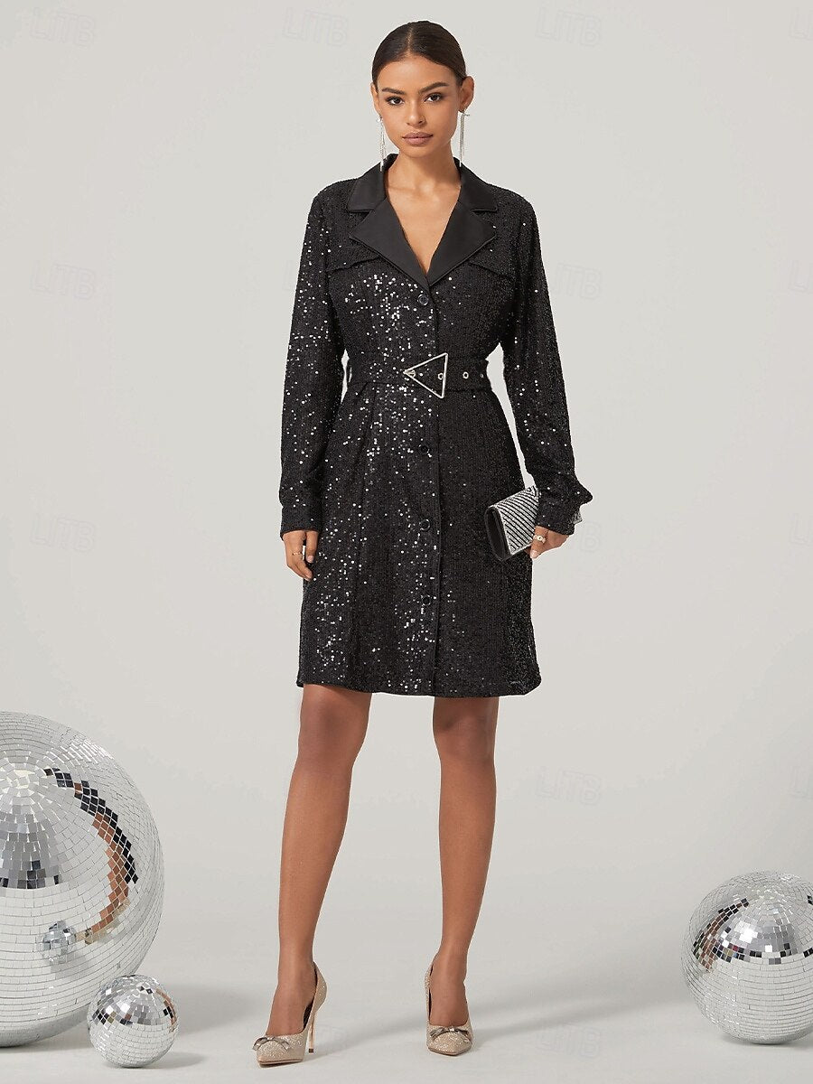 Black Sequined Shirt Collar Mini Dress