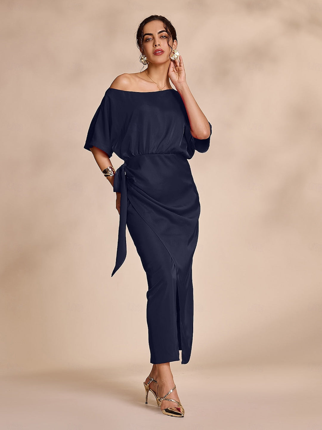 Satin Knotted Wrap Drop Shoulder Maxi Dress