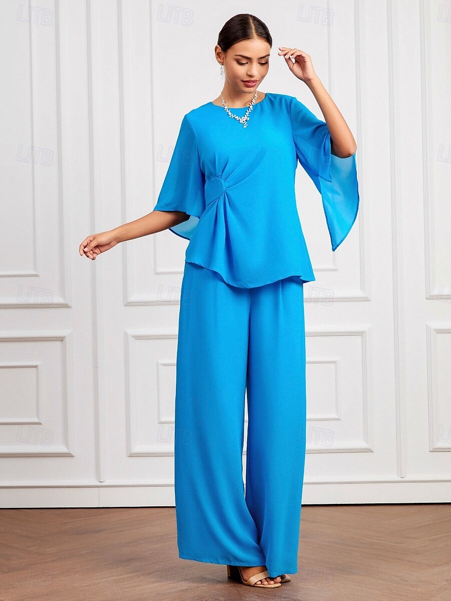 Blue Ruched Crew Neck Two-piece Set