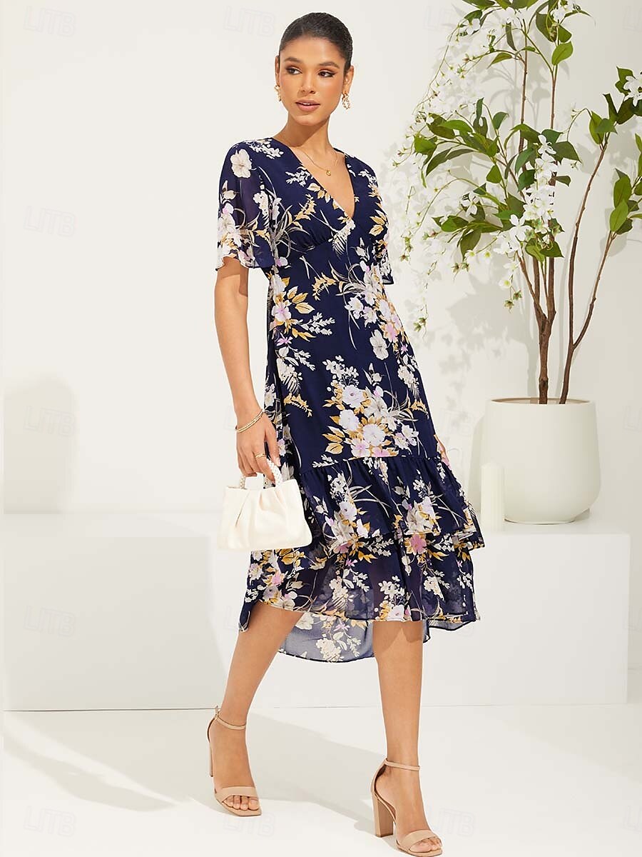 Floral Chiffon V Neck Ruffle Midi Dress