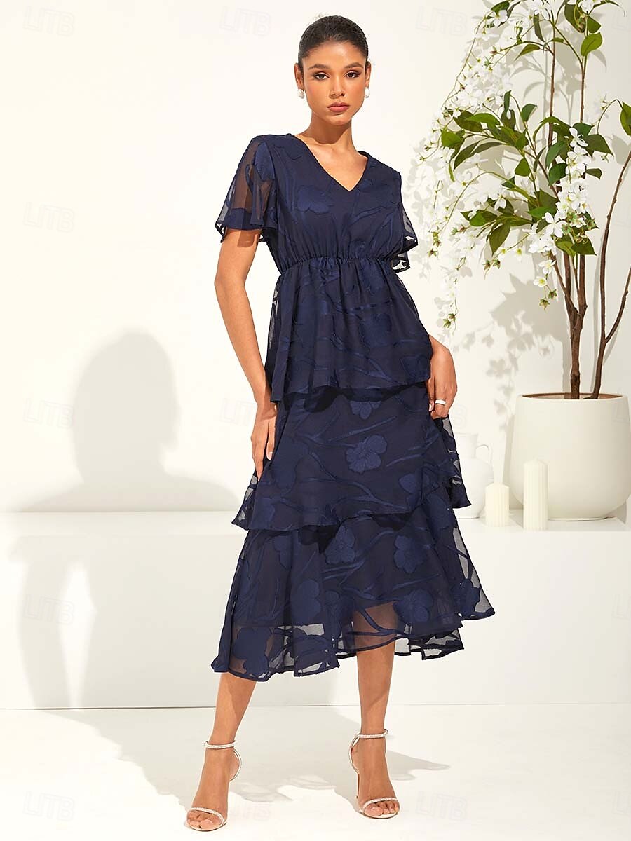 Lace V Neck Ruffle Flutter Dress