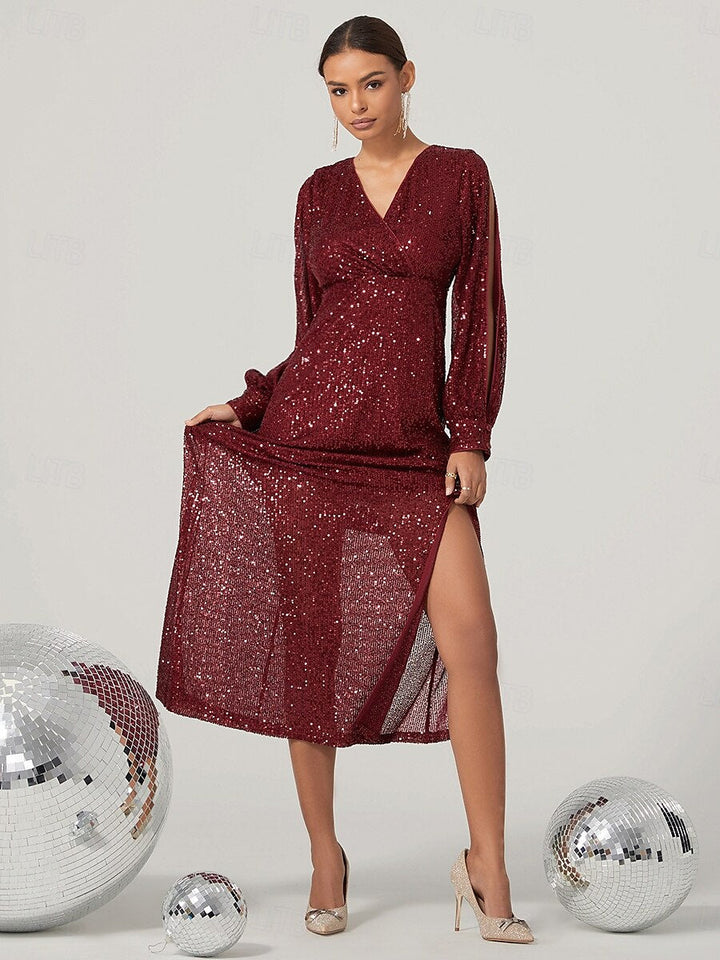 Wine Sequined Split Thigh Maxi Dress